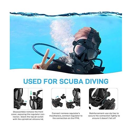  Full Face Dive Mask Support Diving & Snorkeling, Full Face Snorkel Mask Adjustable Scuba Mask with Camera Mount Provide 180° View Panoramic Compatiable with SMACO 1L/1.9L Mini Scuba Tanks