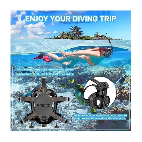  Full Face Dive Mask Support Diving & Snorkeling, Full Face Snorkel Mask Adjustable Scuba Mask with Camera Mount Provide 180° View Panoramic Compatiable with SMACO 1L/1.9L Mini Scuba Tanks