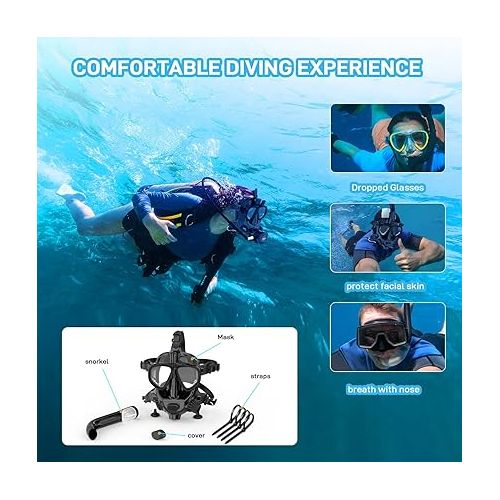  Full Face Dive Mask Support Diving & Snorkeling, Full Face Snorkel Mask Adjustable Scuba Mask with Camera Mount Provide 180° View Panoramic Compatiable with SMACO 1L/1.9L Mini Scuba Tanks