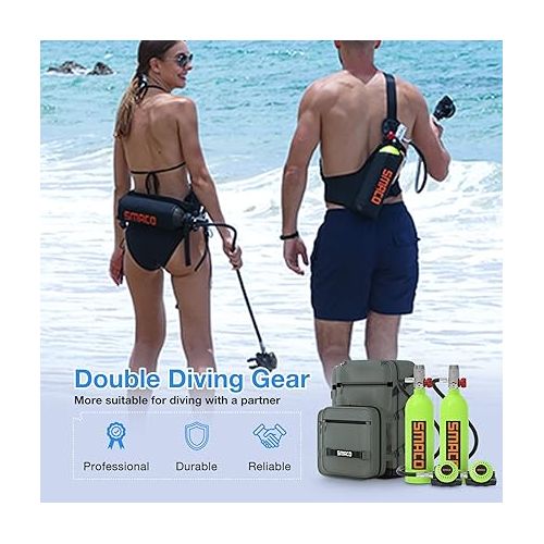  SMACO Mini Scuba Tank 1L for Shallow Water Diving Double Diving Kit Support 15-20 Minutes Underwater Breath Small Scuba Diving Tank Kit with Sub-Backpack for Underwater Entertainment/Diving Work