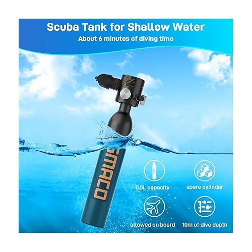  SMACO Mini Scuba Tank 0.5L Portable Diving Tank Support 6 Minutes of Underwater Breath, Small Scuba Tank Pony Bottle for Free Diving Within 33ft or Used as Backup Air Within 100ft