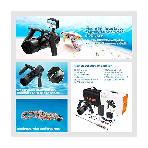  SMACO Underwater Scooter with 60 Minutes of Use Time, Portable Sea Scooter with Three Speed Adjustment with Action Camera Mount with Rechargeable Battery for Diving/Snorkeling in Pool/Sea/River