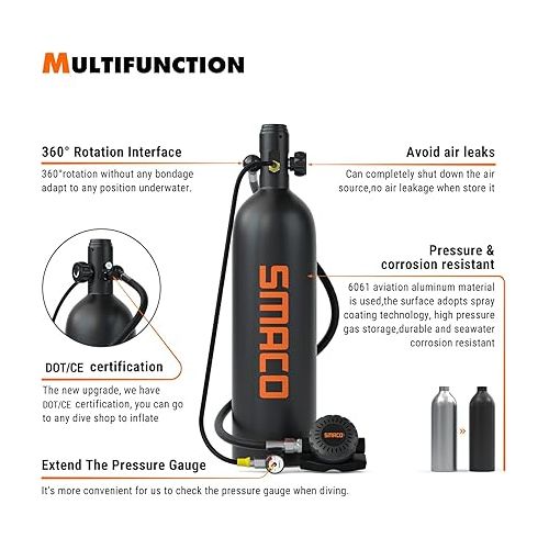  SMACO S700 Mini Scuba Tank 1.9L Portable Mini Scuba Diving Tank Reusable Pony Bottle with 25-30 Minutes Backup Diving Air Tank Kit Diving Oxygen Cylinder for Underwater Exploration Rescue C-Black