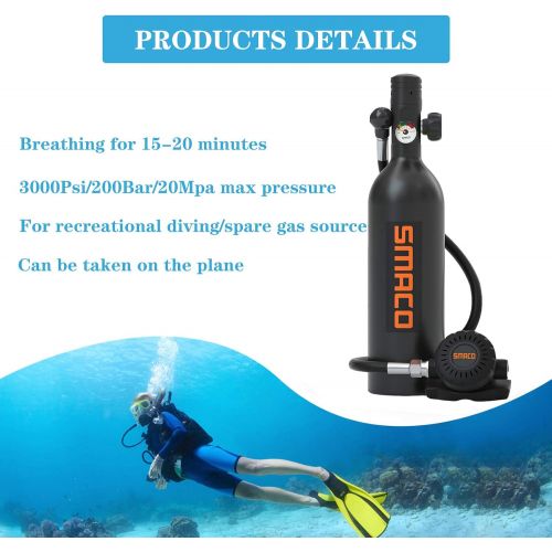  SMACO Mini Scuba Tank Scuba Diving Equipment Support 15-20 Mins Breathing Underwater(No More Than 30m) S400Plus 1L Scuba Cylinders Diving Tank for Water Rescue/Diving Sightseeing/B