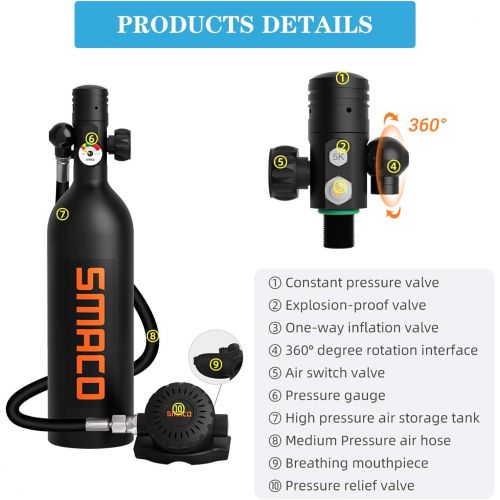  SMACO Mini Scuba Tank Scuba Diving Equipment Support 15-20 Mins Breathing Underwater(No More Than 30m) S400Plus 1L Scuba Cylinders Diving Tank for Water Rescue/Diving Sightseeing/B