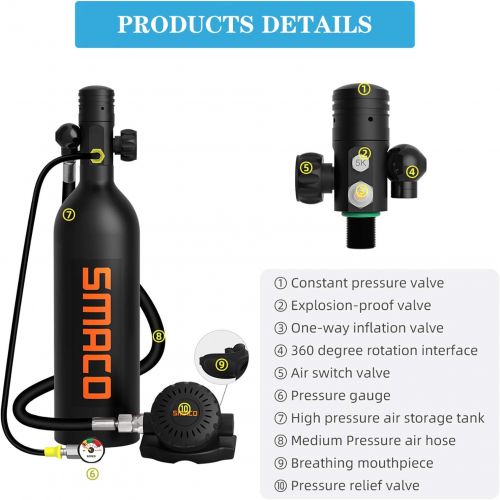 SMACO Scuba Tank with 1L Capacity Mini Scuba Tank Support 15-20 Minutes Underwater Breathing Devices Diving Oxygen Tanks Scuba Cylinder for Underwater Sightseeing/Underwater Work/B