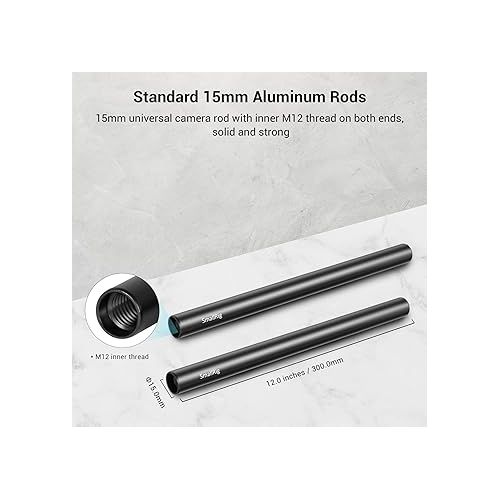  SmallRig 12 Inches (30 cm) Aluminum Alloy 15mm Rod with M12 Female Thread, Pack of 2-1053