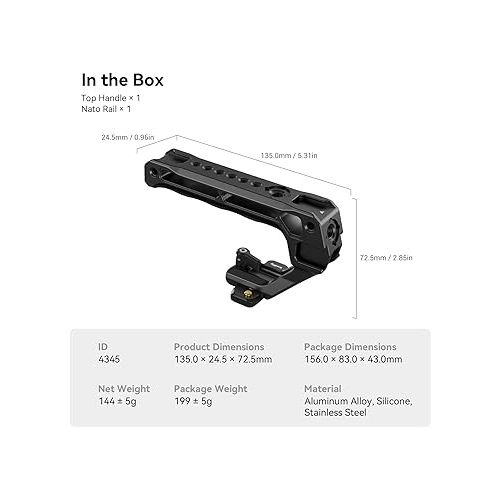  SMALLRIG Lightweight NATO Top Handle, Quick Release NATO Grip w/NATO Rail for DSLR Camera Cage, Universal Top Handle with 5 Cold Shoe Adapters - 4345