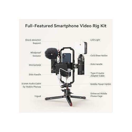  SmallRig Universal Phone Video Rig Kit for iPhone, Smartphone and Cameras, Phone Stabilizer Rig w/Tripod Microphone LED Light Side Handle Power Bank Holderm, for Vlogging & Live Streaming - 3384B