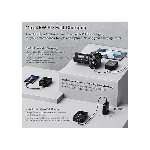  SmallRig V Mount Battery VB50, 50Wh / 3400mAh mini V-Mount Battery with PD 45W USB-C Fast Charging, with D-TAP, USB-A, Dual DC Ports, OLED Screen, for DSLR Cameras, Camcorders, Monitors, Phones - 3579