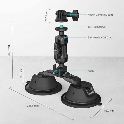  SmallRig Camera Suction Cup Mount, Mount for GoPro, on Car Window, Windshield, for Sony DSLR, Lightweight Camera, Vehicle Shooting,Vlogging, Mobile Phone, Action Camera with Action Camera Mount - 3566