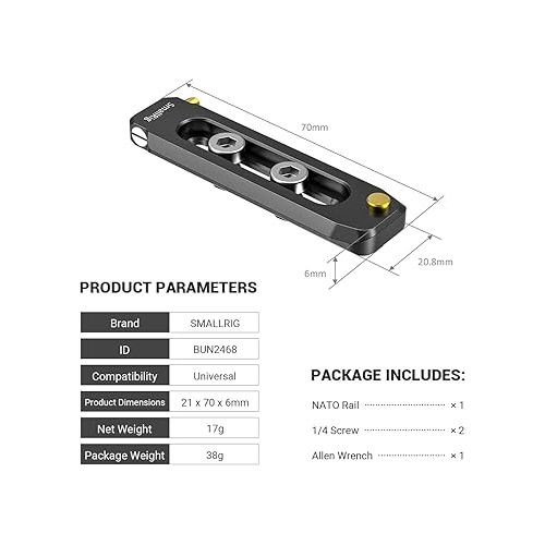  SMALLRIG Universal Low-Profile Quick Release NATO Rail Safety Rail 70mm/2.8inches Long with 1/4'' Screws for NATO Handle Camera Cage EVF Mount - BUN2483