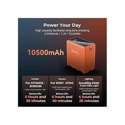  SMALLRIG NP-F970 10500mAh Replacement Battery for Sony NP-F970 F750 F550, PD 36W USB-C 3.5H Fast Charging, Camera Battery w/OLED Screen for Camera, Monitor, LED Video Light, Camcorder, Orange - 4576