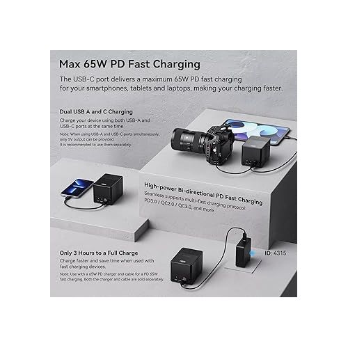  SmallRig V Mount Battery VB155, 155Wh / 10500mAh V-Mount Battery with PD 65W USB-C Fast Charging, with D-TAP, USB-A, Dual DC Ports, OLED Screen for Cameras, Camcorders, Video Lights, Monitors - 3581