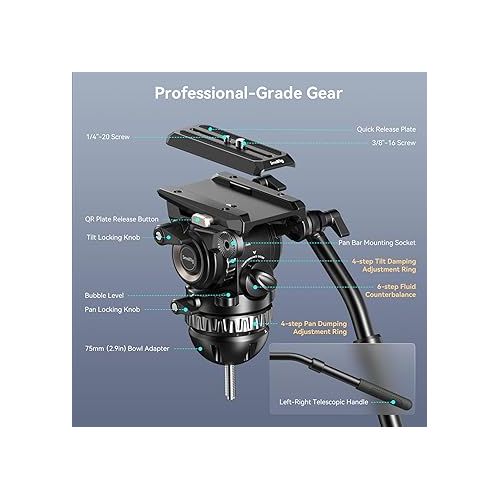  SmallRig PH8 Professional Fluid Video Head with 6-Step Counterbalance, 4-Step Pan/Tilt Hydraulic Damping, Detachable Handle, QR Plate for Manfrotto, Weight 1.8kg / 3.9lb, Load up 8kg / 17.6lb - 4287