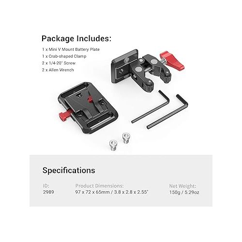  SmallRig Mini V Mount Battery Plate, V-Lock Mount Battery Plate with Crab-Shaped Clamp for Camera Power Supply - 2989