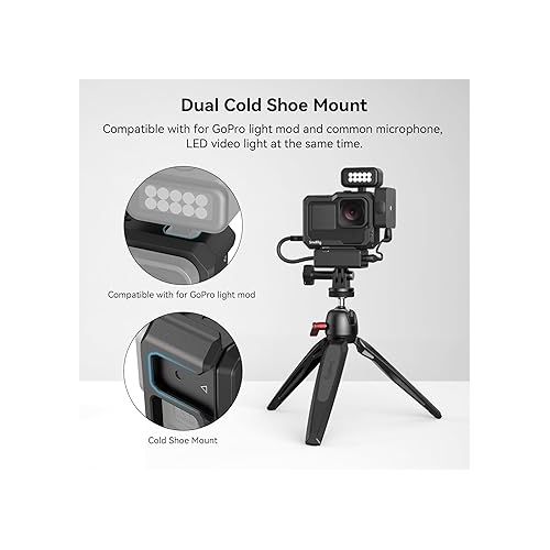  SmallRig Hero12 / Hero11 / Hero 10 / Hero 9 Black Cage for GoPro, with 2 Cold Shoe Mount for GoPro Light Mod and Common Microphone, Led Video Light - 3083C