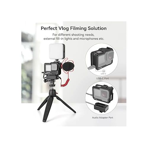  SmallRig Hero12 / Hero11 / Hero 10 / Hero 9 Black Cage for GoPro, with 2 Cold Shoe Mount for GoPro Light Mod and Common Microphone, Led Video Light - 3083C