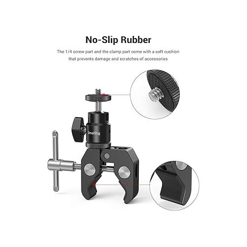  SmallRig Super Clamp Mount with Mini Ball Head Mount, Hot Shoe Adapter with 1/4 Screw for LCD Field Monitor, LED Lights, Flash, Microphone, for Gopro, for DJI Action 2, for Insta360-1124