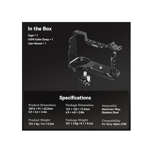 SmallRig Cage Kit for Sony A6700 with a Cable Clamp for HDMI, Built-in Quick Release Plate for Arca-Type, Film Movie Making Camera Video Cage with Shoe Mount, 1/4''-20 & 3/8''-16 Threaded Holes - 4336