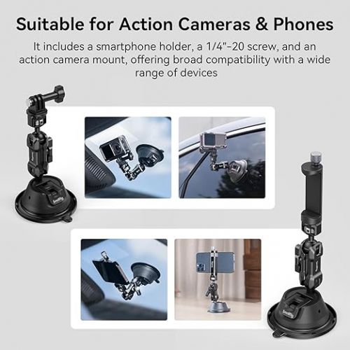  SMALLRIG Suction Cup Mount for Gopro with Anti-Twist Pin, Metal Windshield Car Mount Outside, Dash Mount with Dual Ball Head Magic Arm, Strong Patented Double-Layer Suction Cups for Vlogging - 4275