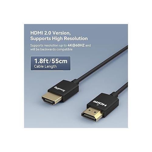  SmallRig Upgraded Ultra Thin HDMI Cable 55cm/1.8Ft (A to A), 4K Hyper Super Flexible Slim Cord, High Speed Supports 3D, 4K@60Hz, Ethernet, ARC Type-A Male to Male for Camera, Monitor, Gimbal - 2957B