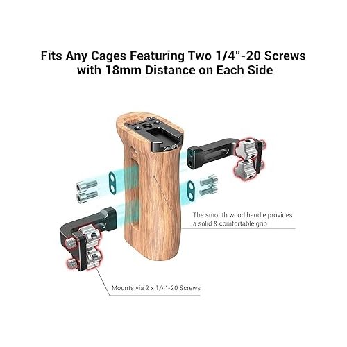  SMALLRIG Side Wooden Handle Grip for DSLR Camera Cage w/Cold Shoe Mount, Threaded Holes, Direction Changeable - 2093