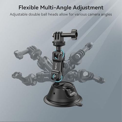  SMALLRIG Double-Layer Suction Cup Mount for GoPro Hero 11/10 / 9, for DJI Osmo Action/Procket, for Insta360 X3, Double Ball Head Support 360° Rotation, Mount on Car Windshield or Window SC-1K - 4193