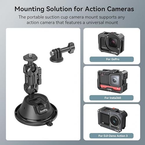  SMALLRIG Double-Layer Suction Cup Mount for GoPro Hero 11/10 / 9, for DJI Osmo Action/Procket, for Insta360 X3, Double Ball Head Support 360° Rotation, Mount on Car Windshield or Window SC-1K - 4193