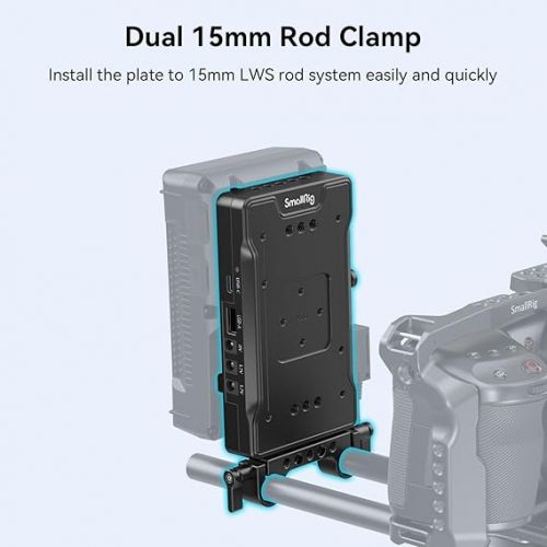  SmallRig V Mount Battery Adapter Plate with PD 65W USB-C Quick Charger, QC protocol USB-A, D-TAP, 8V & 12V DC Port, 15 mm Rod Clamp and Light Indicator, for Camera, Monitor, Transmitter, Phone - 3203B