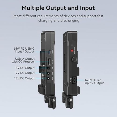  SmallRig V Mount Battery Adapter Plate with PD 65W USB-C Quick Charger, QC protocol USB-A, D-TAP, 8V & 12V DC Port, 15 mm Rod Clamp and Light Indicator, for Camera, Monitor, Transmitter, Phone - 3203B