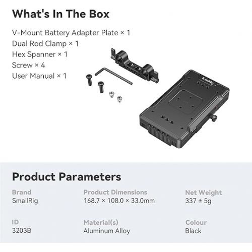  SmallRig V Mount Battery Adapter Plate with PD 65W USB-C Quick Charger, QC protocol USB-A, D-TAP, 8V & 12V DC Port, 15 mm Rod Clamp and Light Indicator, for Camera, Monitor, Transmitter, Phone - 3203B