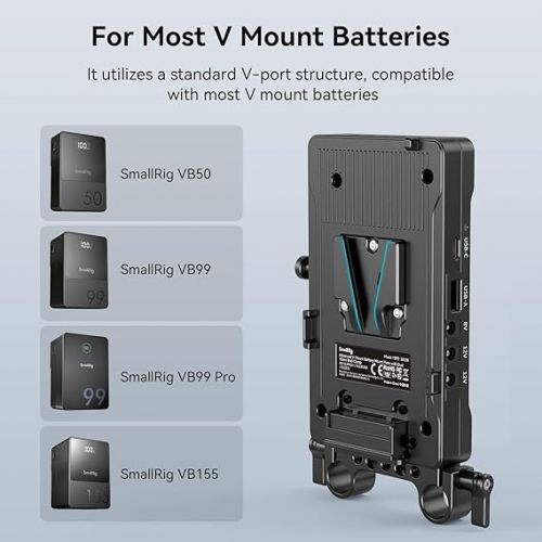  SmallRig V Mount Battery Adapter Plate with PD 65W USB-C Quick Charger, QC protocol USB-A, D-TAP, 8V & 12V DC Port, 15 mm Rod Clamp and Light Indicator, for Camera, Monitor, Transmitter, Phone - 3203B