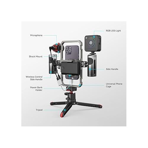  SmallRig All-in-One Video Kit Ultra Aluminum Phone Video Rig Kit w/Quick Release Tripod Wireless Control Handles RGB Light Mic for iPhone for Huawei for Tiktok YouTube Live Streaming Vlogging-3591C