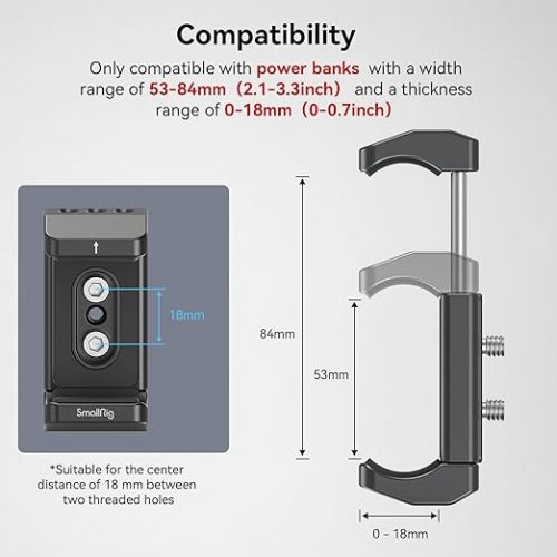  SMALLRIG Aluminum Power Bank Holder, Powerbank Mount Clamp Compatible with Width Range: 53 mm-84 mm (2.1-3.3 inches) and Thickness Range: 0 mm-18 mm (0-0.7 inch) Power Banks - BUB2336