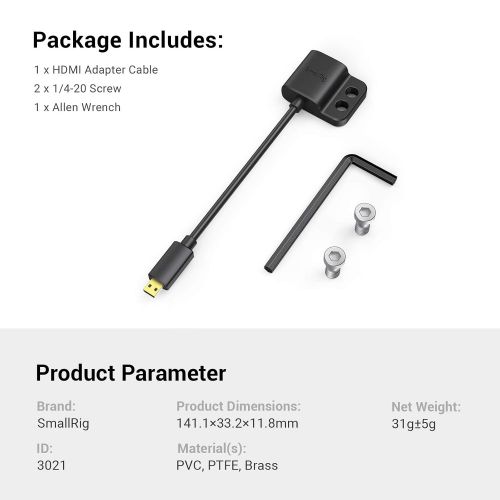  SMALLRIG Ultra-Slim 4K HDMI Adapter Cable, Female HDMI Type A to Male Micro-HDMI Type D, 4K@60HZ, for Sony A7R IV A7RIII A7III A7II A7RII / for Fujifilm X-T2 X-T3 - 3021