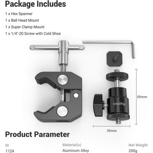  SmallRig Super Clamp Mount with Mini Ball Head Mount Hot Shoe Adapter with 1/4 Screw for LCD Field Monitor, LED Lights, Flash, Microphone, for Gopro, for DJI Action 2, for Insta360