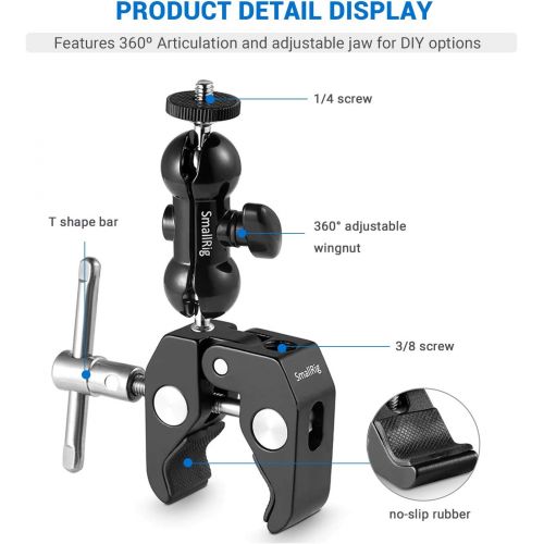  SmallRig Cool Ballhead Arm Super Camera Clamp Mount Double Ball Adapter, Fence Desk Table Mount for Ronin-M for Insta360, for Gopro - 1138