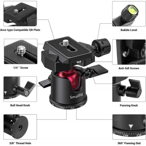  SmallRig Mini Ball Head, Tripod Head Camera 360° Panoramic with 1/4 Screw 3/8 Thread Mount and Arca-Type QR Plate Metal Ball Joint for Monopod, DSLR, Phone, Gopro, Max Load 4.4lbs/