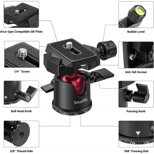  [아마존베스트]SmallRig Mini Ball Head, Tripod Head Camera 360° Panoramic with 1/4 Screw 3/8 Thread Mount and Arca-Type QR Plate Metal Ball Joint for Monopod, DSLR, Phone, Gopro, Max Load 4.4lbs/