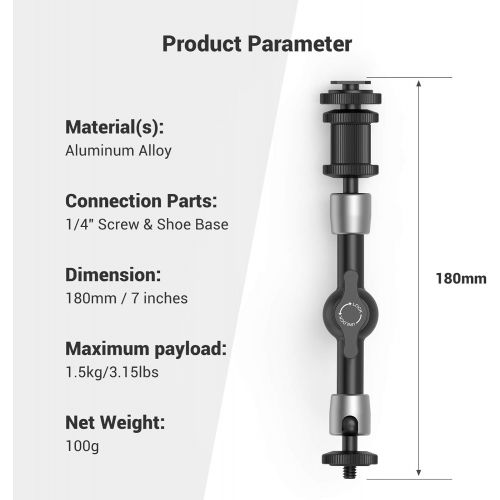  [아마존베스트]SMALLRIG Articulating Rosette Arm Max 7 Inches Long with Cold Shoe Mount & Standard 1/4-20 Threaded Screw Adapter - 1497