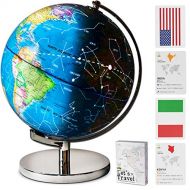 SMART WALLABY 9 Children Illuminated Spinning World Globe with Stand Plus Flags STEM Card Game. 3 in 1 Interactive Educational Desktop Earth Globe for Kids|LED Night Light Lamp, Political Map &