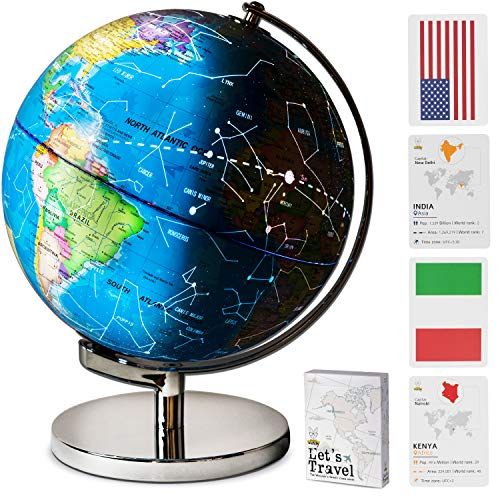  [아마존베스트]SMART WALLABY 9 Children Illuminated Spinning World Globe with Stand Plus Flags STEM Card Game. 3 in 1 Interactive Educational Desktop Earth Globe for Kids|LED Night Light Lamp, Political Map &