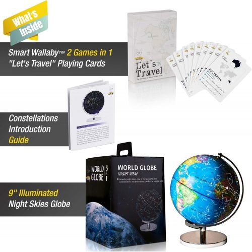  [아마존베스트]SMART WALLABY 9 Children Illuminated Spinning World Globe with Stand Plus Flags STEM Card Game. 3 in 1 Interactive Educational Desktop Earth Globe for Kids|LED Night Light Lamp, Political Map &