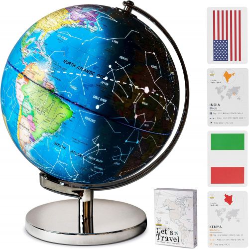  [아마존베스트]SMART WALLABY 9 Children Illuminated Spinning World Globe with Stand Plus Flags STEM Card Game. 3 in 1 Interactive Educational Desktop Earth Globe for Kids|LED Night Light Lamp, Political Map &