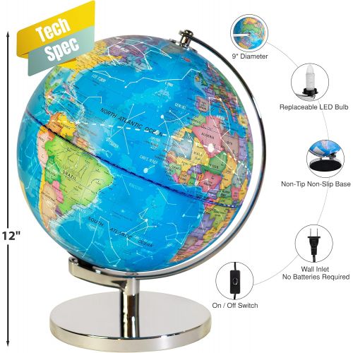  [아마존베스트]SMART WALLABY 9 Children Illuminated Spinning World Globe with Stand Plus Flags STEM Card Game. 3 in 1 Interactive Educational Desktop Earth Globe for Kids|LED Night Light Lamp, Political Map &