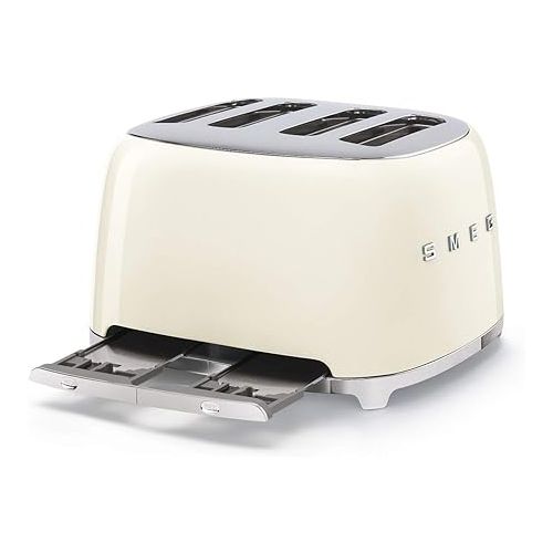 스메그 Smeg 50s Retro 4-Slot Toaster TSF03CRUS Bundle with Bamboo Tongs - Cream