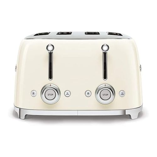 스메그 Smeg 50s Retro 4-Slot Toaster TSF03CRUS Bundle with Bamboo Tongs - Cream