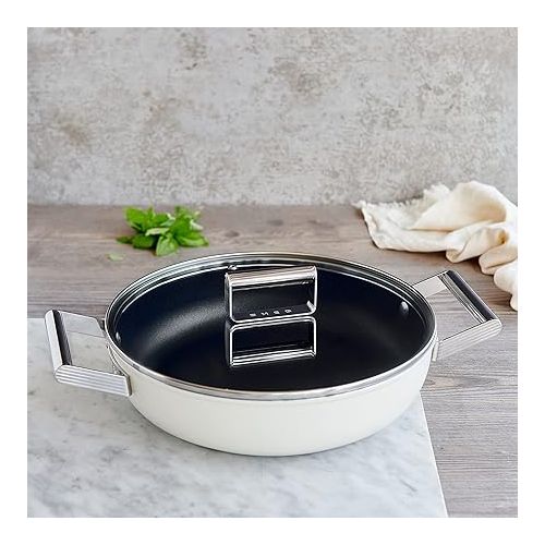 스메그 Smeg CKFD2811CRM Skillet Deeppan 28cm and Lid Cream, Non-Stick, Aluminium, Patented Base