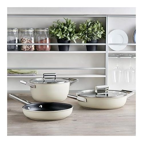 스메그 Smeg CKFD2811CRM Skillet Deeppan 28cm and Lid Cream, Non-Stick, Aluminium, Patented Base